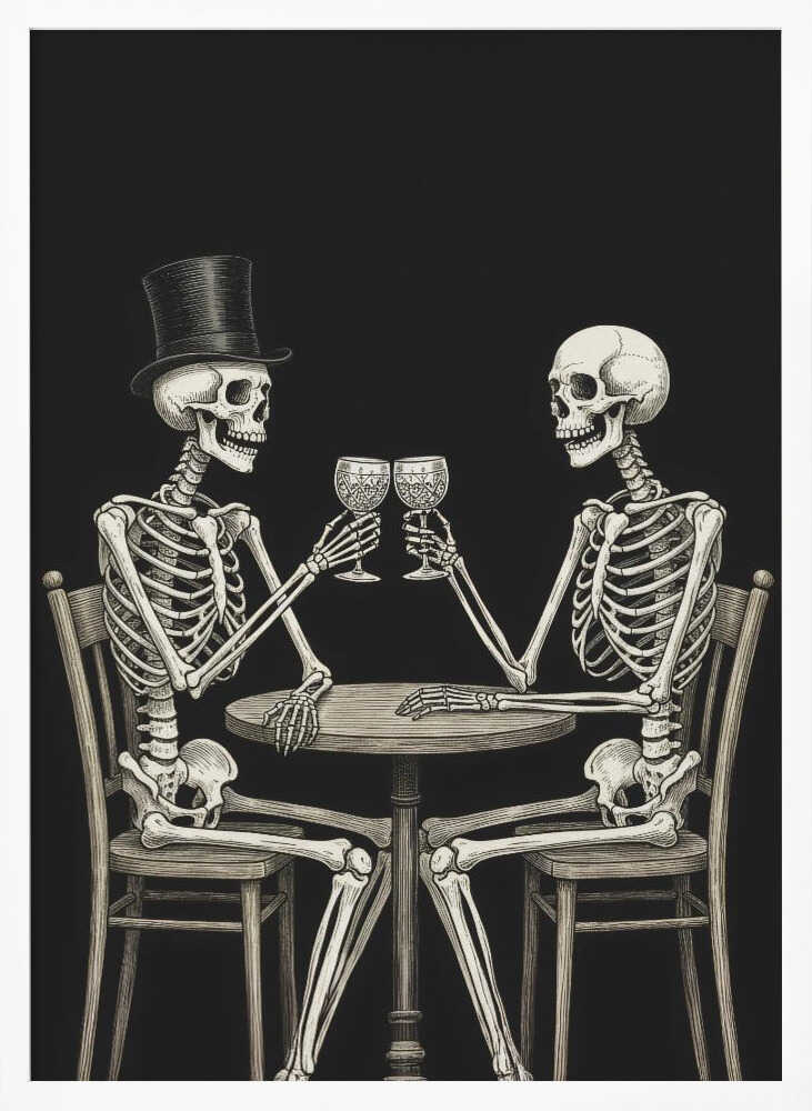 A vintage-style black and white illustration of two skeletons sitting at a round table, toasting each other with wine glasses. One skeleton wears a black top hat, and the background is solid black. Decor