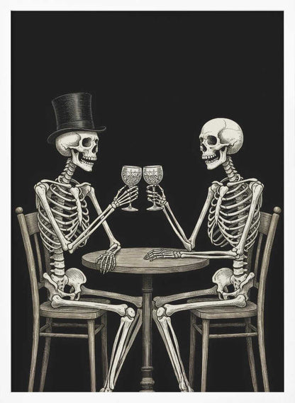 A vintage-style black and white illustration of two skeletons sitting at a round table, toasting each other with wine glasses. One skeleton wears a black top hat, and the background is solid black. Decor