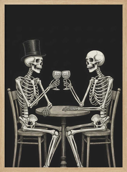 A vintage-style black and white illustration of two skeletons sitting at a round table, toasting each other with wine glasses. One skeleton wears a black top hat, and the background is solid black. Decor