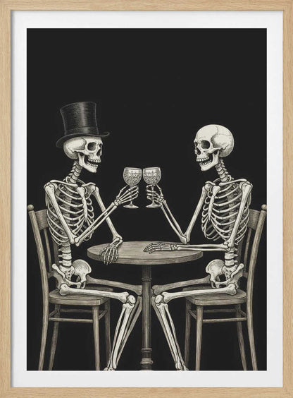 A vintage-style black and white illustration of two skeletons sitting at a round table, toasting each other with wine glasses. One skeleton wears a black top hat, and the background is solid black. Decor