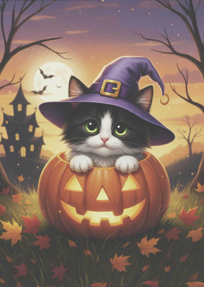 A cute black and white kitten with big green eyes wears a purple witch hat while peeking out from inside a glowing jack-o'-lantern. The scene is set at dusk during Halloween, with a haunted house, a full moon, and bats in the background. Poster