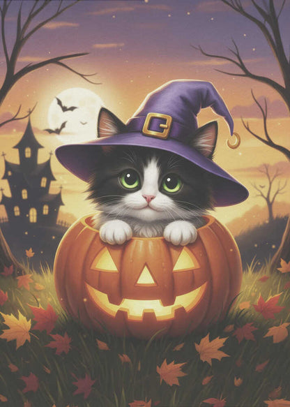 A cute black and white kitten with big green eyes wears a purple witch hat while peeking out from inside a glowing jack-o'-lantern. The scene is set at dusk during Halloween, with a haunted house, a full moon, and bats in the background. Poster