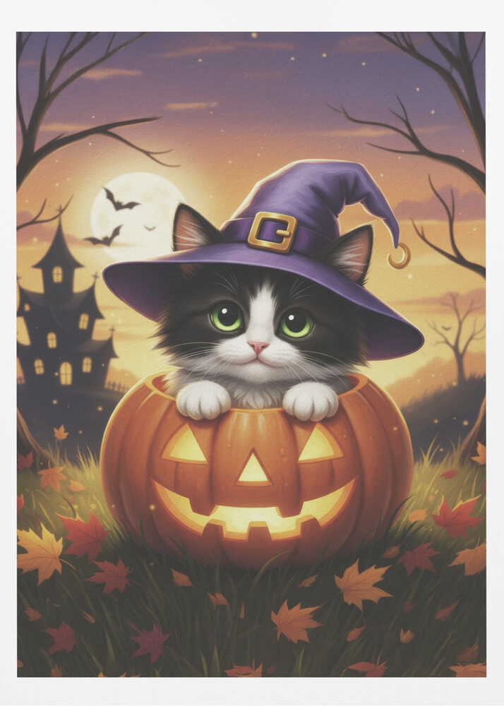A cute black and white kitten with big green eyes wears a purple witch hat while peeking out from inside a glowing jack-o'-lantern. The scene is set at dusk during Halloween, with a haunted house, a full moon, and bats in the background. Poster