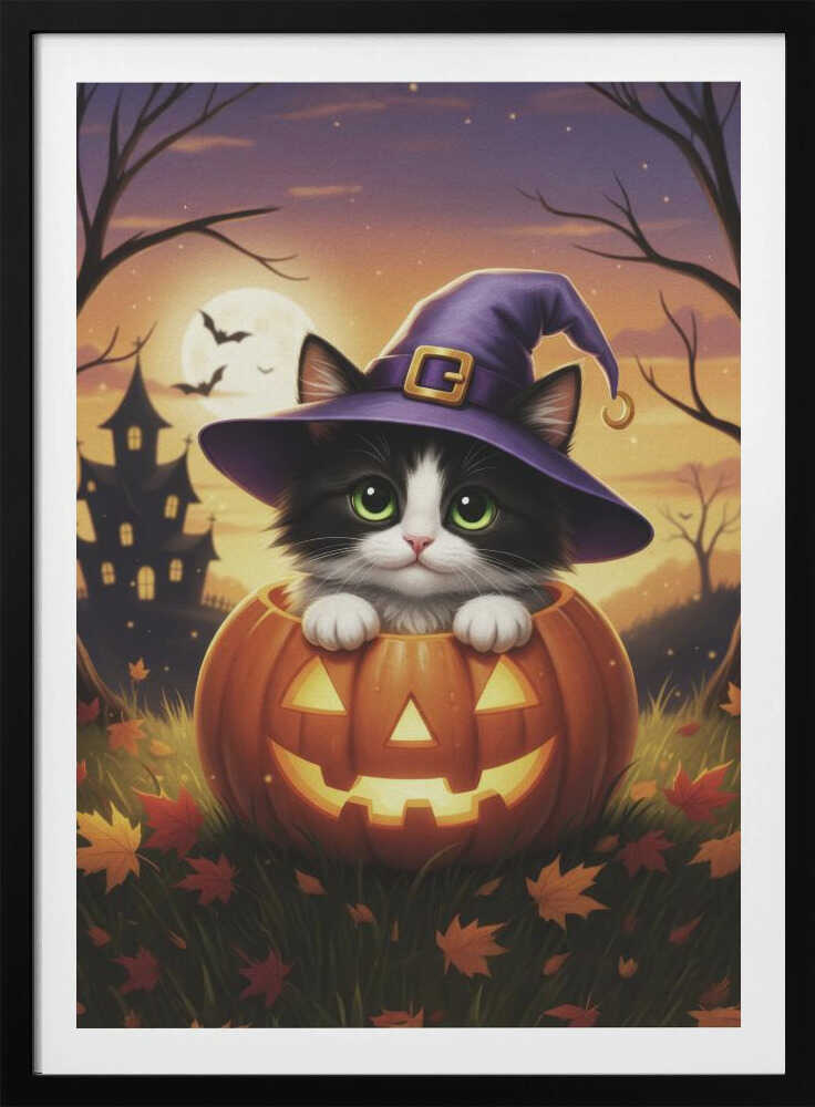 A cute black and white kitten with big green eyes wears a purple witch hat while peeking out from inside a glowing jack-o'-lantern. The scene is set at dusk during Halloween, with a haunted house, a full moon, and bats in the background. Poster