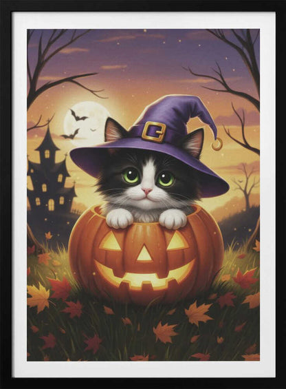 A cute black and white kitten with big green eyes wears a purple witch hat while peeking out from inside a glowing jack-o'-lantern. The scene is set at dusk during Halloween, with a haunted house, a full moon, and bats in the background. Poster