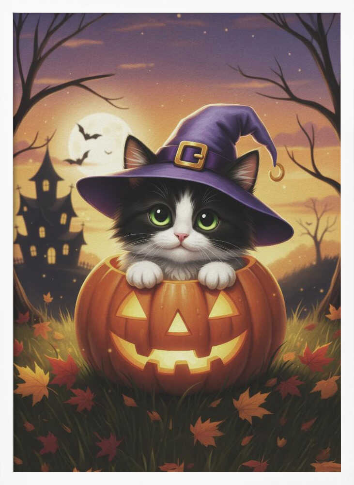 A cute black and white kitten with big green eyes wears a purple witch hat while peeking out from inside a glowing jack-o'-lantern. The scene is set at dusk during Halloween, with a haunted house, a full moon, and bats in the background. Poster