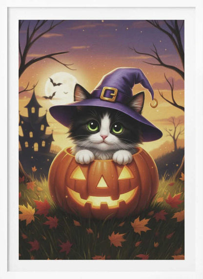 A cute black and white kitten with big green eyes wears a purple witch hat while peeking out from inside a glowing jack-o'-lantern. The scene is set at dusk during Halloween, with a haunted house, a full moon, and bats in the background. Poster