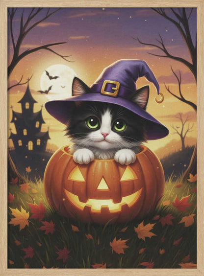 A cute black and white kitten with big green eyes wears a purple witch hat while peeking out from inside a glowing jack-o'-lantern. The scene is set at dusk during Halloween, with a haunted house, a full moon, and bats in the background. Poster