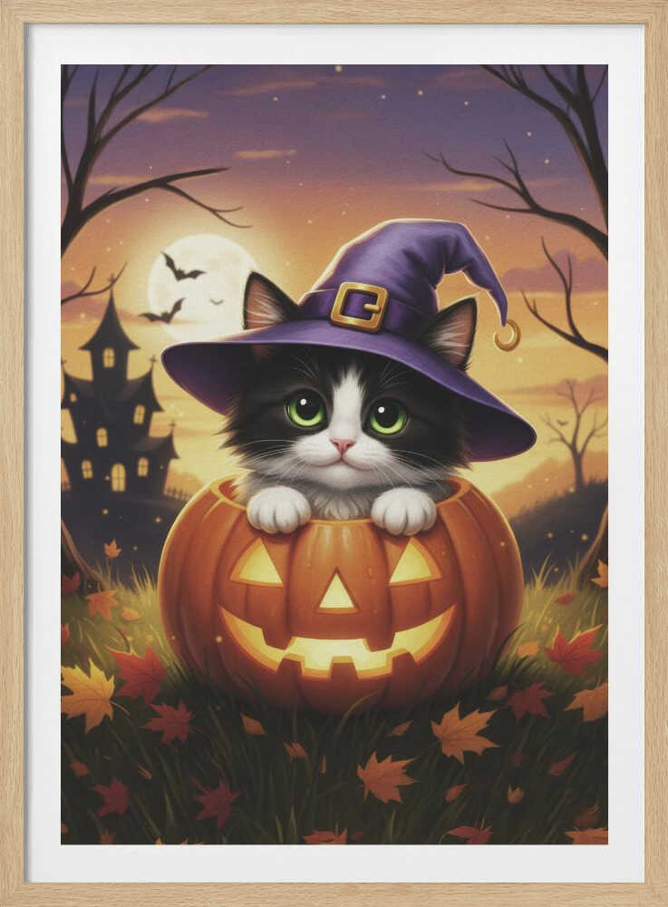 A cute black and white kitten with big green eyes wears a purple witch hat while peeking out from inside a glowing jack-o'-lantern. The scene is set at dusk during Halloween, with a haunted house, a full moon, and bats in the background. Poster