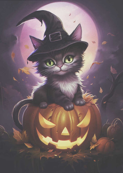 A whimsical painting of a cute black kitten with bright green eyes wearing a witch's hat, sitting on top of a glowing jack-o'-lantern. In the background is a large purple full moon and falling autumn leaves, creating a magical Halloween scene. Print