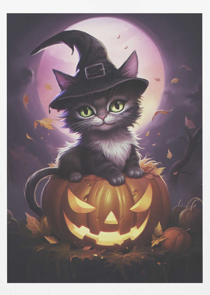 A whimsical painting of a cute black kitten with bright green eyes wearing a witch's hat, sitting on top of a glowing jack-o'-lantern. In the background is a large purple full moon and falling autumn leaves, creating a magical Halloween scene. Print