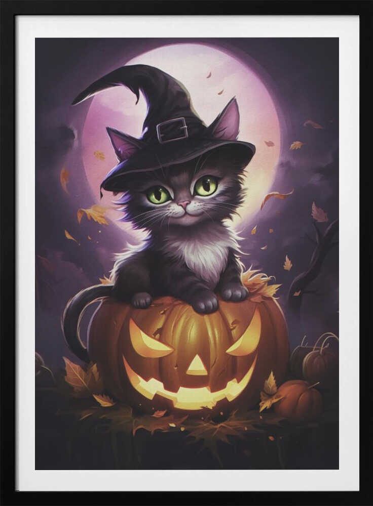 A whimsical painting of a cute black kitten with bright green eyes wearing a witch's hat, sitting on top of a glowing jack-o'-lantern. In the background is a large purple full moon and falling autumn leaves, creating a magical Halloween scene. Print