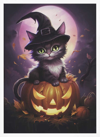 A whimsical painting of a cute black kitten with bright green eyes wearing a witch's hat, sitting on top of a glowing jack-o'-lantern. In the background is a large purple full moon and falling autumn leaves, creating a magical Halloween scene. Print