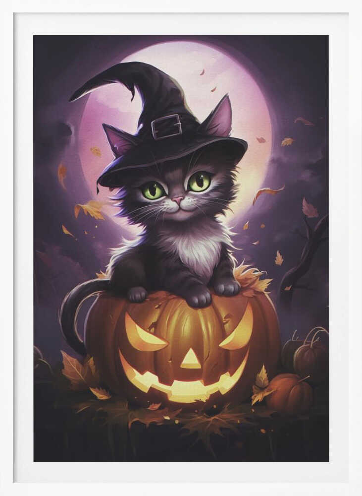 A whimsical painting of a cute black kitten with bright green eyes wearing a witch's hat, sitting on top of a glowing jack-o'-lantern. In the background is a large purple full moon and falling autumn leaves, creating a magical Halloween scene. Print