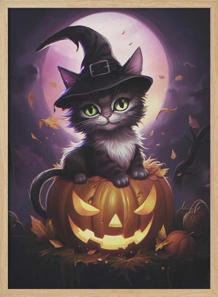 A whimsical painting of a cute black kitten with bright green eyes wearing a witch's hat, sitting on top of a glowing jack-o'-lantern. In the background is a large purple full moon and falling autumn leaves, creating a magical Halloween scene. Print