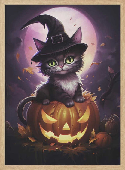 A whimsical painting of a cute black kitten with bright green eyes wearing a witch's hat, sitting on top of a glowing jack-o'-lantern. In the background is a large purple full moon and falling autumn leaves, creating a magical Halloween scene. Print