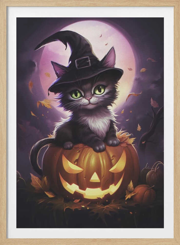 A whimsical painting of a cute black kitten with bright green eyes wearing a witch's hat, sitting on top of a glowing jack-o'-lantern. In the background is a large purple full moon and falling autumn leaves, creating a magical Halloween scene. Print