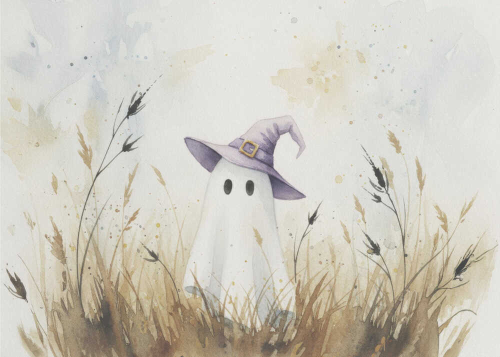 A whimsical watercolor painting of a cute white ghost wearing a purple witch's hat. The ghost is standing in a field of tall, dry brown and beige grasses against a light, splotchy background, all within a silver frame. Artwork