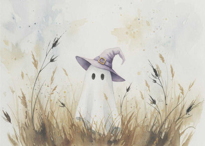 A whimsical watercolor painting of a cute white ghost wearing a purple witch's hat. The ghost is standing in a field of tall, dry brown and beige grasses against a light, splotchy background, all within a silver frame. Artwork