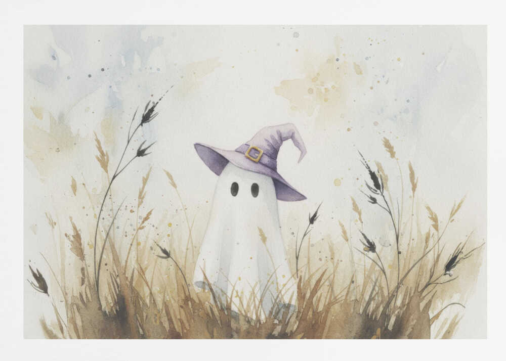 A whimsical watercolor painting of a cute white ghost wearing a purple witch's hat. The ghost is standing in a field of tall, dry brown and beige grasses against a light, splotchy background, all within a silver frame. Artwork