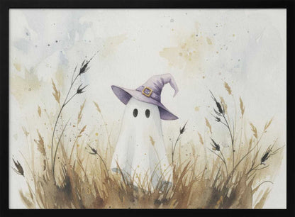 A whimsical watercolor painting of a cute white ghost wearing a purple witch's hat. The ghost is standing in a field of tall, dry brown and beige grasses against a light, splotchy background, all within a silver frame. Artwork