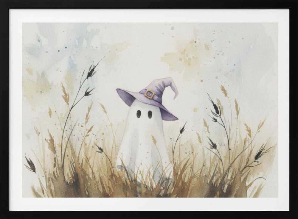 A whimsical watercolor painting of a cute white ghost wearing a purple witch's hat. The ghost is standing in a field of tall, dry brown and beige grasses against a light, splotchy background, all within a silver frame. Artwork