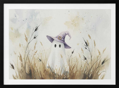 A whimsical watercolor painting of a cute white ghost wearing a purple witch's hat. The ghost is standing in a field of tall, dry brown and beige grasses against a light, splotchy background, all within a silver frame. Artwork