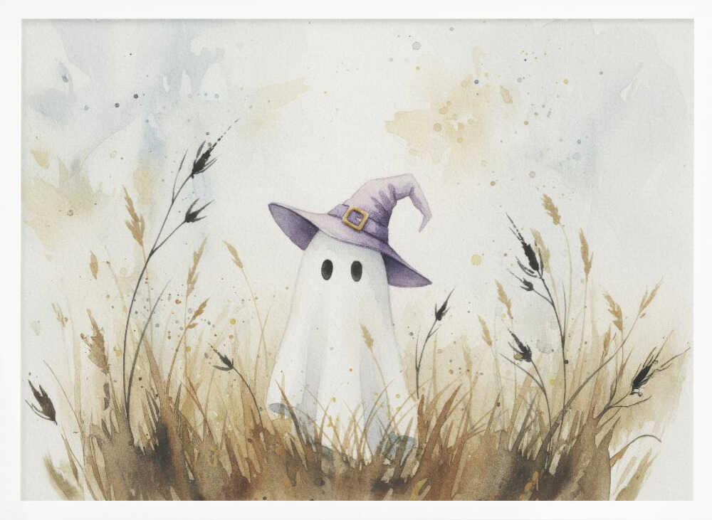 A whimsical watercolor painting of a cute white ghost wearing a purple witch's hat. The ghost is standing in a field of tall, dry brown and beige grasses against a light, splotchy background, all within a silver frame. Artwork