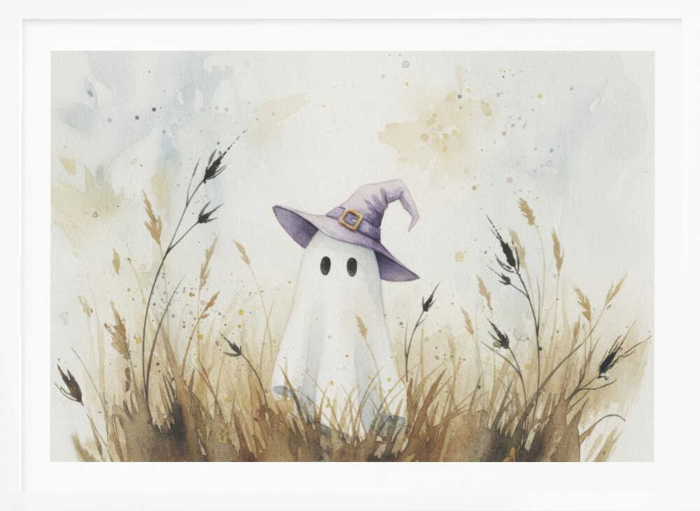 A whimsical watercolor painting of a cute white ghost wearing a purple witch's hat. The ghost is standing in a field of tall, dry brown and beige grasses against a light, splotchy background, all within a silver frame. Artwork