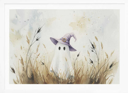 A whimsical watercolor painting of a cute white ghost wearing a purple witch's hat. The ghost is standing in a field of tall, dry brown and beige grasses against a light, splotchy background, all within a silver frame. Artwork