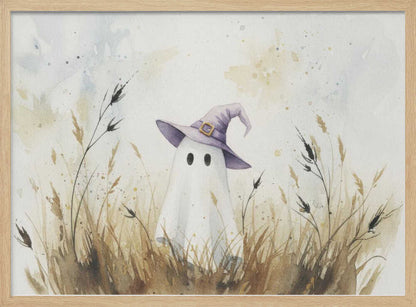 A whimsical watercolor painting of a cute white ghost wearing a purple witch's hat. The ghost is standing in a field of tall, dry brown and beige grasses against a light, splotchy background, all within a silver frame. Artwork