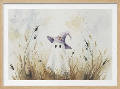 A whimsical watercolor painting of a cute white ghost wearing a purple witch's hat. The ghost is standing in a field of tall, dry brown and beige grasses against a light, splotchy background, all within a silver frame. Artwork