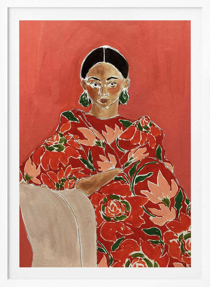 Modern portrait painting of a woman in a red floral dress with green earrings against a bold red background.