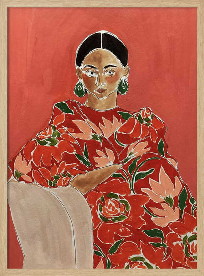 Modern portrait painting of a woman in a red floral dress with green earrings against a bold red background.