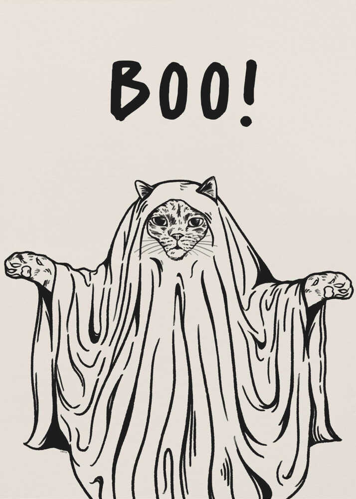 A minimalist black and white line drawing of a cat in a ghost costume. The cat's face peeks out from under a sheet, and its paws are held out to the sides. Above its head, the word 'BOO!' is written in a playful, hand-drawn font. Artwork
