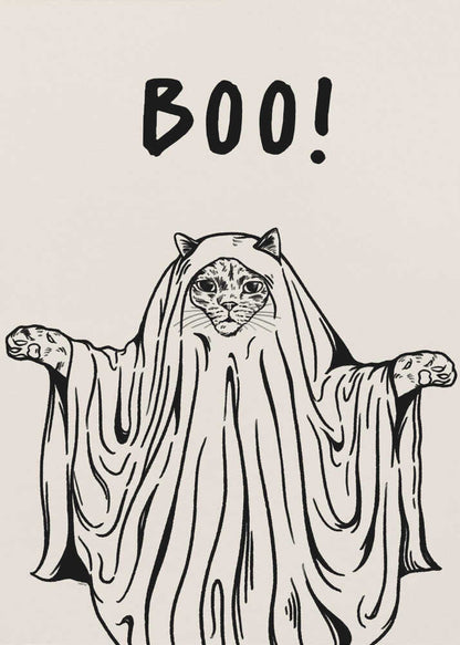 A minimalist black and white line drawing of a cat in a ghost costume. The cat's face peeks out from under a sheet, and its paws are held out to the sides. Above its head, the word 'BOO!' is written in a playful, hand-drawn font. Artwork