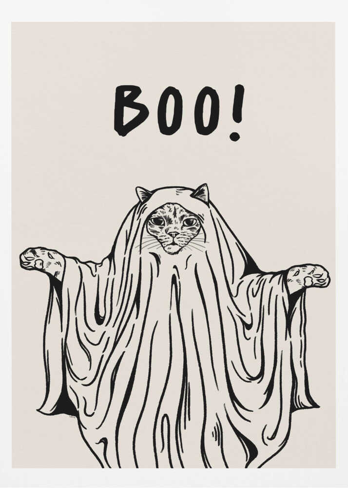 A minimalist black and white line drawing of a cat in a ghost costume. The cat's face peeks out from under a sheet, and its paws are held out to the sides. Above its head, the word 'BOO!' is written in a playful, hand-drawn font. Artwork