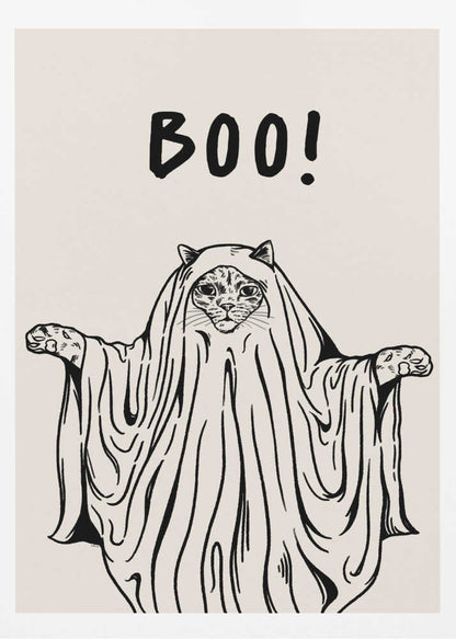 A minimalist black and white line drawing of a cat in a ghost costume. The cat's face peeks out from under a sheet, and its paws are held out to the sides. Above its head, the word 'BOO!' is written in a playful, hand-drawn font. Artwork