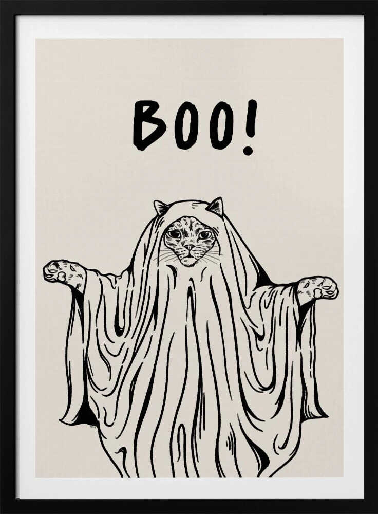 A minimalist black and white line drawing of a cat in a ghost costume. The cat's face peeks out from under a sheet, and its paws are held out to the sides. Above its head, the word 'BOO!' is written in a playful, hand-drawn font. Artwork