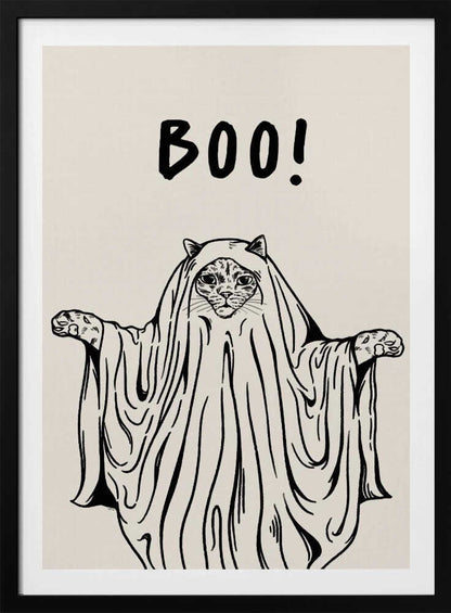 A minimalist black and white line drawing of a cat in a ghost costume. The cat's face peeks out from under a sheet, and its paws are held out to the sides. Above its head, the word 'BOO!' is written in a playful, hand-drawn font. Artwork