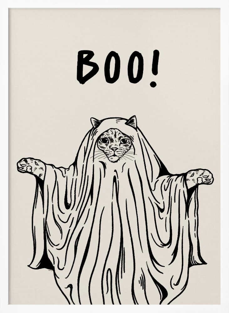 A minimalist black and white line drawing of a cat in a ghost costume. The cat's face peeks out from under a sheet, and its paws are held out to the sides. Above its head, the word 'BOO!' is written in a playful, hand-drawn font. Artwork