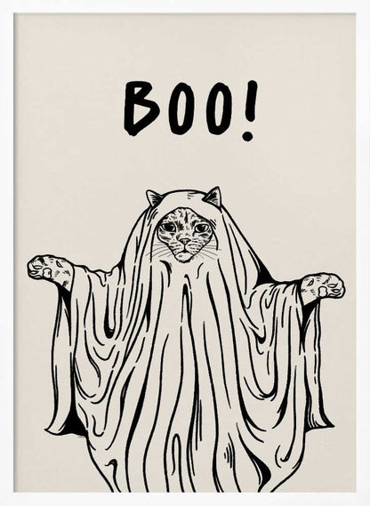 A minimalist black and white line drawing of a cat in a ghost costume. The cat's face peeks out from under a sheet, and its paws are held out to the sides. Above its head, the word 'BOO!' is written in a playful, hand-drawn font. Artwork