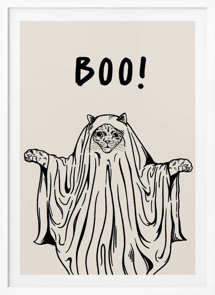 A minimalist black and white line drawing of a cat in a ghost costume. The cat's face peeks out from under a sheet, and its paws are held out to the sides. Above its head, the word 'BOO!' is written in a playful, hand-drawn font. Artwork