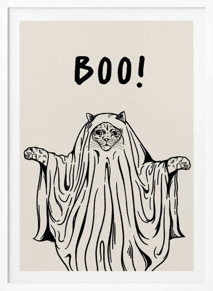 A minimalist black and white line drawing of a cat in a ghost costume. The cat's face peeks out from under a sheet, and its paws are held out to the sides. Above its head, the word 'BOO!' is written in a playful, hand-drawn font. Artwork