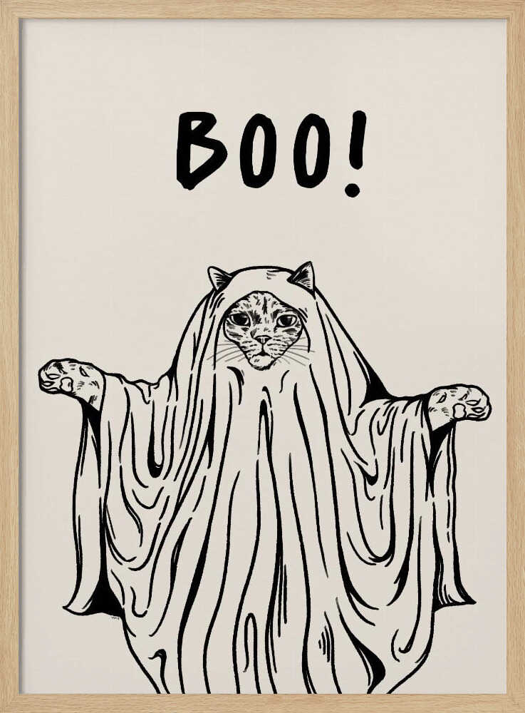 A minimalist black and white line drawing of a cat in a ghost costume. The cat's face peeks out from under a sheet, and its paws are held out to the sides. Above its head, the word 'BOO!' is written in a playful, hand-drawn font. Artwork