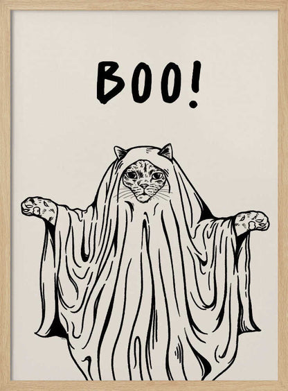 A minimalist black and white line drawing of a cat in a ghost costume. The cat's face peeks out from under a sheet, and its paws are held out to the sides. Above its head, the word 'BOO!' is written in a playful, hand-drawn font. Artwork