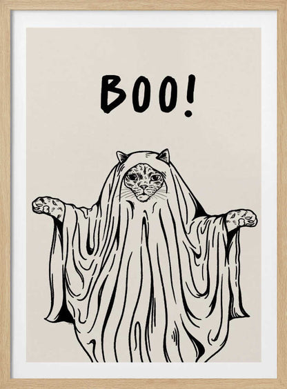 A minimalist black and white line drawing of a cat in a ghost costume. The cat's face peeks out from under a sheet, and its paws are held out to the sides. Above its head, the word 'BOO!' is written in a playful, hand-drawn font. Artwork