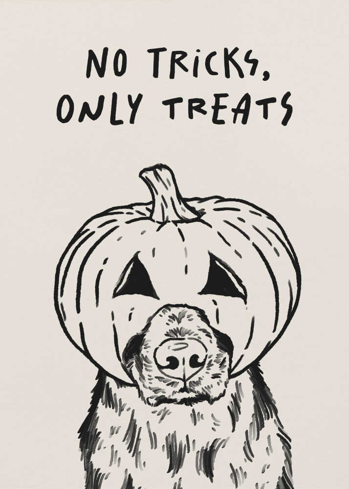 A black and white line drawing of a fluffy dog wearing a carved jack-o'-lantern on its head, with its snout and nose poking through a hole. Above the illustration, the phrase 'NO TRICKS, ONLY TREATS' is written in a casual, handwritten font. The artwork has a simple, minimalist style and is set against a cream-colored background within a black frame. Poster