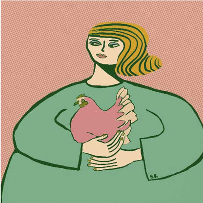 A stylized illustration of a woman with wavy, striped blonde hair wearing a loose green tunic. She is cradling a pink chicken in her arms against a muted pink, patterned background. The artwork is displayed in a light wood frame. Poster