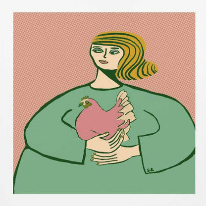 A stylized illustration of a woman with wavy, striped blonde hair wearing a loose green tunic. She is cradling a pink chicken in her arms against a muted pink, patterned background. The artwork is displayed in a light wood frame. Poster